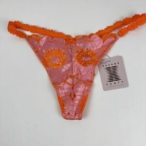 NEW Savage x Fenty Womens Large Pink Orange Lace Sheer Floral Thong Panties